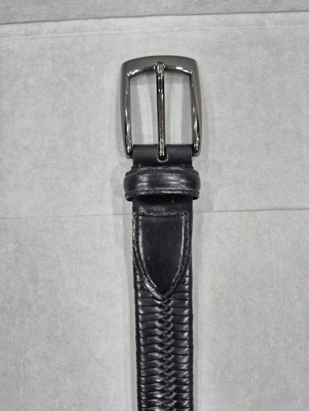 Woven belt men's 34 black full grain cowhide smoked black buckle